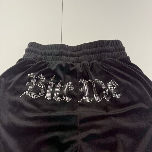 Y2K Style Velour Pants Womens Small Black 'Bite Me' Rhinestones Casual (25x28.5) - Picture 3 of 13